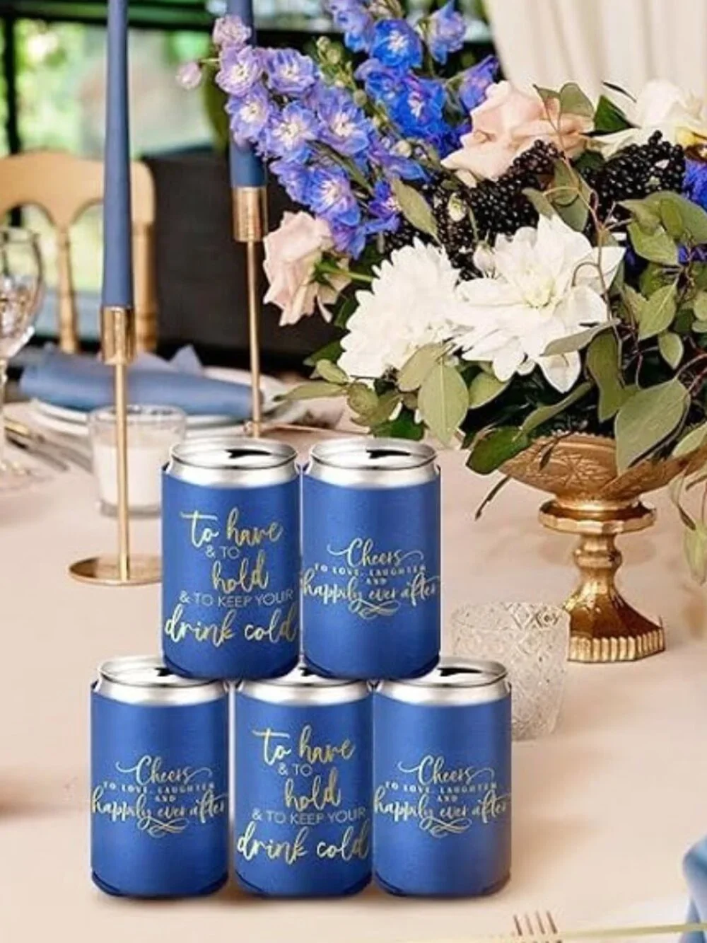 Festive Party Can Cooler, Wedding, Engagement, Bridal Shower, 50 Pcs Blue Gold